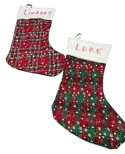 Christmas holiday stocking set 2 red green snowflakes hooks plaid soft felt READ - Picture 1 of 8