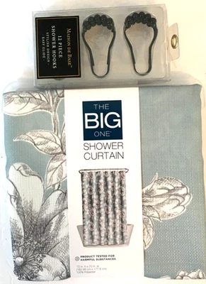 Floral Shower Curtain 72”x 70” Teal  with Black Curtain & Hooks The Big One - Image 1 of 4