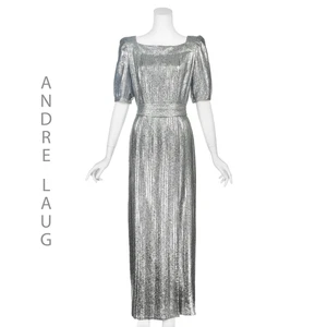 ANDRE‘ LAUG Vintage Silber Lamè Plissee Kleid mit Wickelrock GRÖSSE 8-10 - Bild 1 von 10