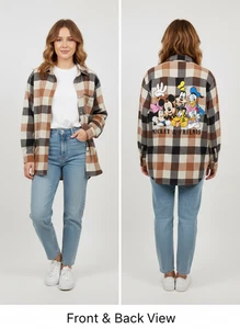 Disney Mickey & Friends Women’s M Buffalo Plaid Flannel Button Up Shirt Brown - Picture 1 of 10