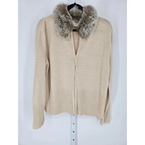 Cardigan maglione donna Kathie Lee manica lunga zip collo pelliccia marrone taglia XL - Foto 1 di 4