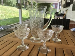 Fostoria NAVARRE Etch 48 oz Pitcher #5000 Cocktail Set 4 Glasses Martinis Bar - Picture 1 of 20