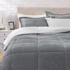 Micromink Sherpa Comforter Set Ultra Soft Full/Queen Charcoal New - Picture 1 of 4