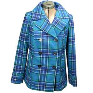 Gap Plaid Wool-Blend Pea Coat Double Breasted Lined Hip Length Pockets Blue S - Picture 1 of 24