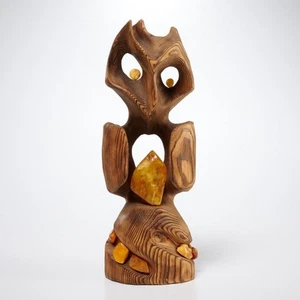 Geschnitzte Holz Baltischer Bernstein Holz Eule Herz Statue Skulptur 9,5"h - Bild 1 von 7