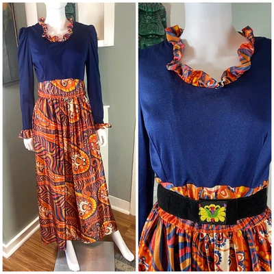 Vintage 60s 70s Paisley Psychedelic Ruffle Hostess Maxi Dress Large L Polyester - Image 1 of 4