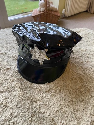 Black PVC Police Hat with Silver Badge – Fancy Dress or Costume Accessory - Image 1 of 4