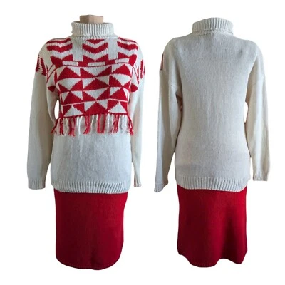 Vtg 70s/80s M/L/XL Turtleneck Sweater/Pencil Skirt Red White  Fair Isle Xmas Ski - Image 1 of 4