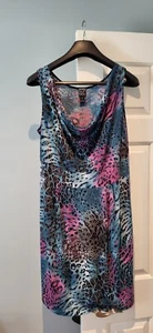 Clara Sun Woo Teal Animal Print Dress 12 Med Sleeveless Cowl Neck Knee Length - Picture 1 of 10