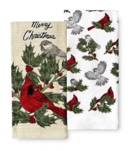 NWT St Nicholas Square Merry Christmas Cardinal Birds Kitchen Hand Dish Towels - Picture 1 of 3