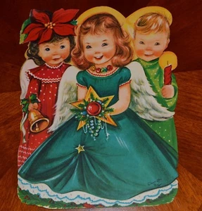 Vintage UNUSED Christmas Card JUMBO PRETTY GIRL ANGEL TRIO Charlot Byj STAND UP - Imagen 1 de 4