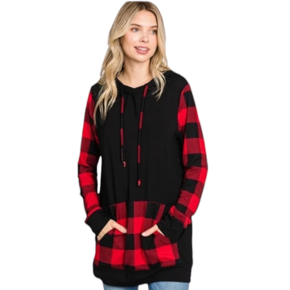 Boutique толстовка с капюшоном: легкий черный толстовка с капюшоном с красный Buffalo клетку акценты - новый с Ярлыками - Изображение 1 из 1