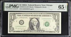 1988A $1 Federal Reserve Note G22222224Y PMG 65 EPQ Near Solid 7 Of Kind Serial - Picture 1 of 2