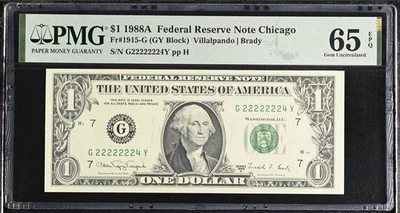 1988A $1 Federal Reserve Note G22222224Y PMG 65 EPQ Near Solid 7 Of Kind Serial - Image 1 of 2
