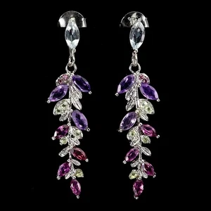 925 Sterling Silver Earrings Pear Aquamarine Amethyst Peridot Gemstone Jewelry - Picture 1 of 14