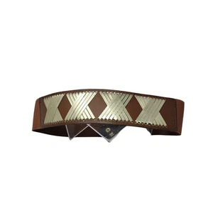 Vintage Express Western breiter brauner Leder Stretch Taillengürtel Gr. S/M Goldgewebe - Bild 1 von 8