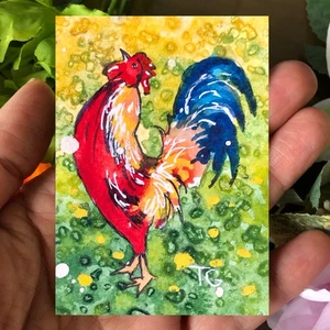 Original ACEO Rooster Watercolor Painting – Miniature Animal Art, Unique Gift - Picture 1 of 6