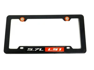 5.7L LS1 CARBON FIBER LOOK LICENSE PLATE FRAME W/ 2 ORANGE WASHERS & BOLTS - Picture 1 of 4
