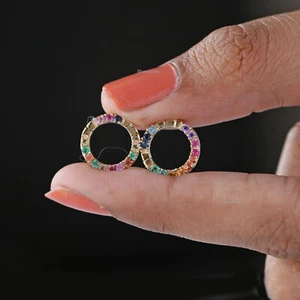 12mm Rainbow Sapphire Round Enhancer Push Lock, Pendant Charm Holder in 14k Gold - Picture 1 of 13