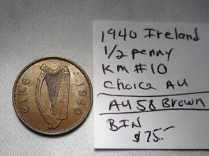 1940 Ireland Half Penny KM#10 Choice AU AC324 - Picture 1 of 3