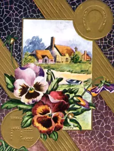 Postal Avery recuerdo esvástica flor dorada dorada oro púrpura C1911 - Imagen 1 de 3