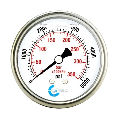 2" Pressure Gauge, Stainless Steel Case, Liquid Filled, Back Mnt, 5000 Psi - Image 1 of 4