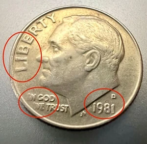 1981 Dime- D mint mark, fat numbers date, faded "in" "we" Error Coin - Picture 1 of 2