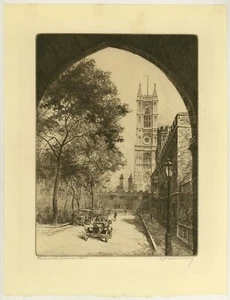 Early motor cars Deans Yard Westminster. Original W. Murray etching circa 1910 - Picture 1 of 3