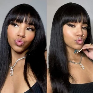 Black Wig with Bangs 18 Inch Silky Yaki Straight Human Hair Wigs 150% Density - Picture 1 of 10