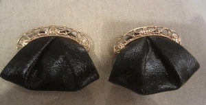Vintage Art Deco Shoe Clips w/Intricate Gold Metal Filigree Design Black Satin - Picture 1 of 2