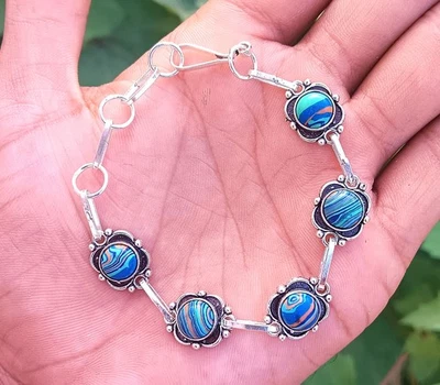Rainbow Calsilica Gemstone 925 Sterling Silver Plated Bracelet Lovely Jewelry - Image 1 of 3