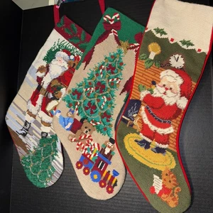 3 Vintage Needlepoint Santa Christmas Stocking Handmade Velvet Backing Free Ship - Picture 1 of 17