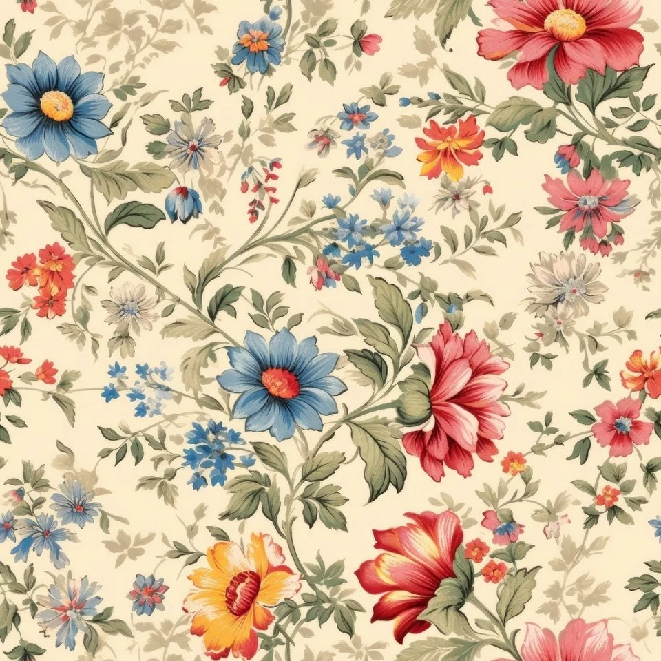 MDG 45-inch Vintage Floral 100Cotton Quilter's Fabric By the Yard Cream Blue Coral