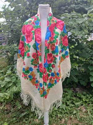 Vtg Large Floral Wool Khustka Shawl Wrap Scarf Tablecloth 58x58 Ukrainian - Image 1 of 4