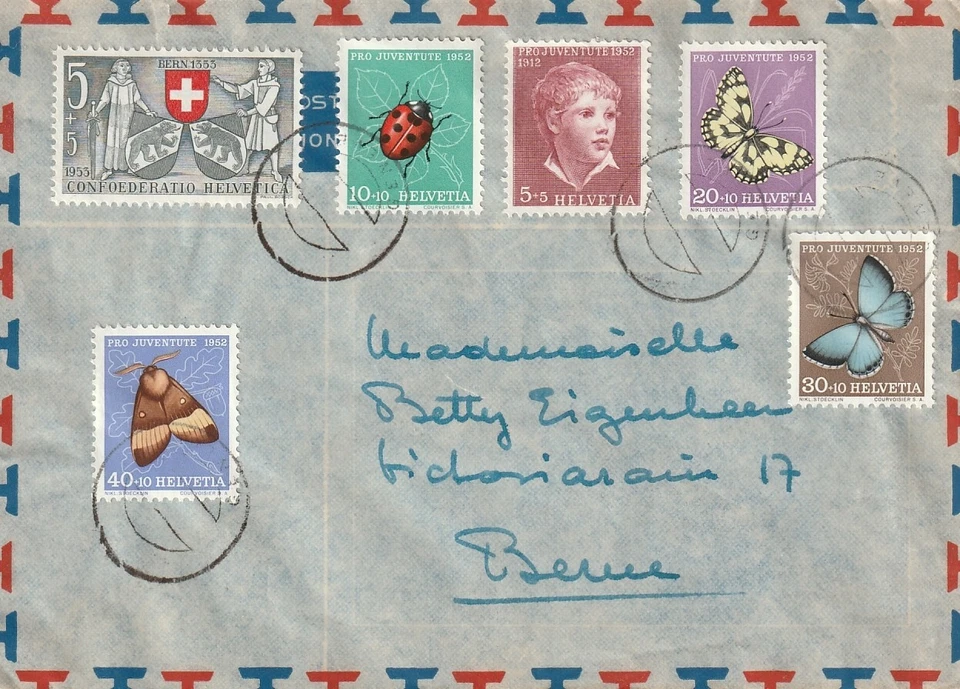 瑞士:Airmail cover Pro 尤文图特 1952 年,蝴蝶。 — 第 1/1 张图片