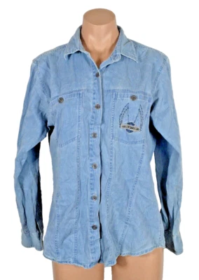 HARLEY-DAVIDSON джинсовой ткани вышитый Chambray кнопка вверх рубашка мотоциклиста блюз M винтажный - Изображение 1 из 4