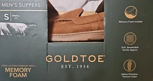 Men's GoldToe Suede Tan Moccasin Slippers w/Memory Foam Insoles Size 7 Small  - Picture 1 of 5