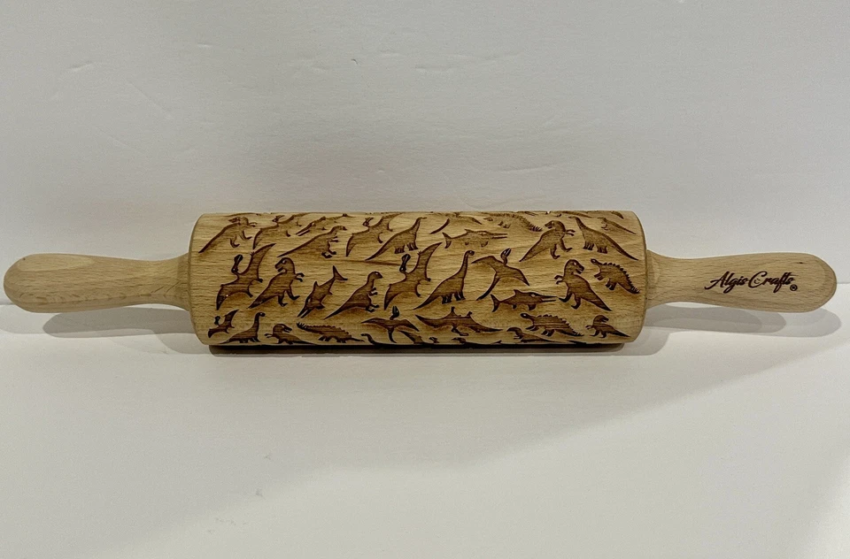 Rodillo de madera en relieve dinosaurios grabado tallado T Rex Brontosaurus 14" Foto 1 de 4