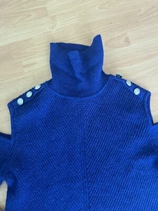 $95 INC Royal Blue Purplish Open Shoulders Silver Buttons Heavy Knit Sweater - Picture 1 of 11