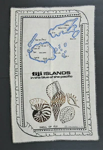 Jet-tex Linen Souvenir Tea Towel Hand Printed Map Fiji Islands Sea Shells - Imagen 1 de 6