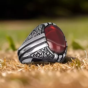 Turkish 925 Sterling Silver Handmade Jewelry Red Garnet Men's Ring Size 7-14 - Picture 1 of 6
