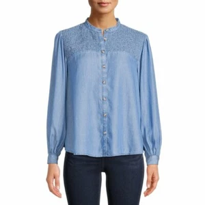 Time and Tru Women's SIZE 2XL 20 Smocked Button Front Top Color: Med Wash NWT - Picture 1 of 5
