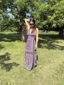 1970s Vintage Purple Flower Power Halter Sundress Cotton Size Small - Picture 1 of 12