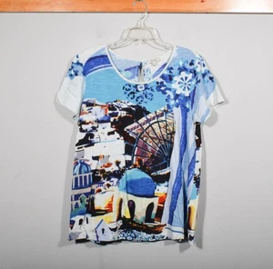 Orientique Naturally Australian Blue Mykonos Greece Print Popover Shirt Top Sz M - Picture 1 of 3