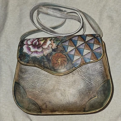 Bolso cruzado de hombro vintage firmado Jane Yoo portátil arte pintado a mano cuero hobo Foto 1 de 4