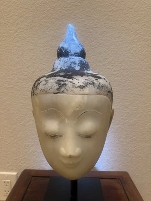 Antique Burmese White Alabaster Buddha Head With Black Lacquer Hair Museum Stand - Image 1 of 4