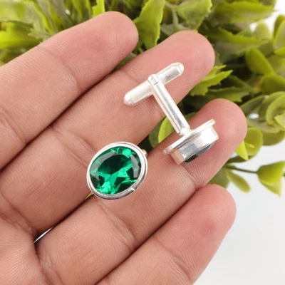 Abotoaduras masculinas de prata esterlina 925 com pedra preciosa esmeralda verde criada em laboratório - Imagem 1 de 3