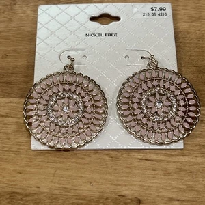 BoHo style pale pink and CZ yellow gold color pendant earrings - Picture 1 of 3