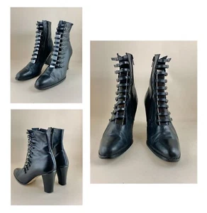 Ravel Black Leather Strap Front Side Zip 3” Block Heel Ankle Booties Shoes UK 6 - Picture 1 of 20