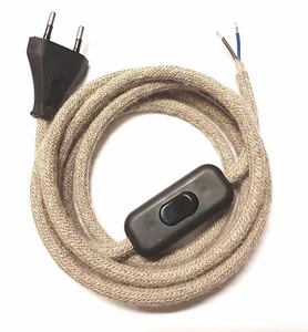 Textilkabel mit Stecker und Schalter Leinen-Kabel 2-adrig Anschlusskabel Jute - Bild 1 von 6